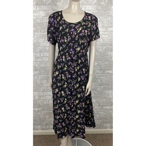 Cristin Stevens Large Black w/ Purple Yellow Floral Cottage Core Midi Dress